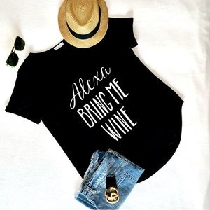 “Alexa Bring Me Wine” Black V-Neck Tee, Short Sleeve, Size XL, GUC